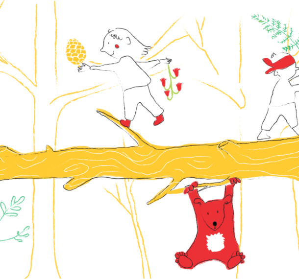 Ilustracija dreves, živali in otrok pri igranju v gozdu.