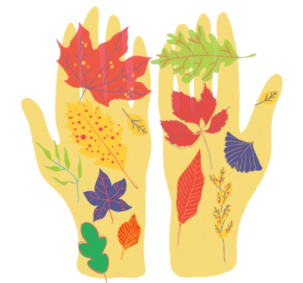 Ilustracija človeških dlani s pisanim drevesnim listjem.