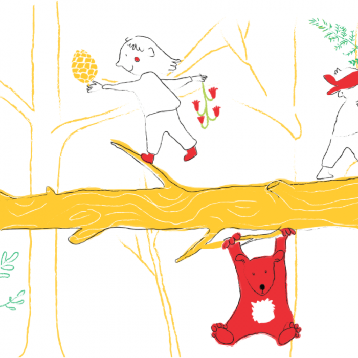 Ilustracija dreves, živali in otrok pri igranju v gozdu.