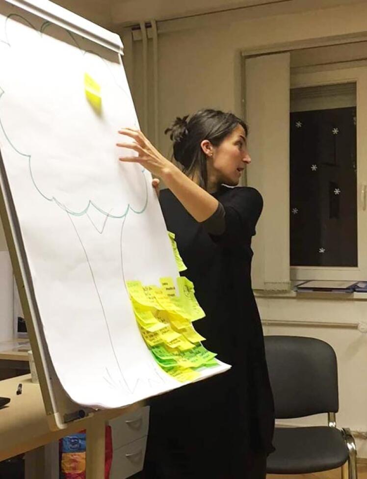 Predavateljica razlaga zapisano na tabli.